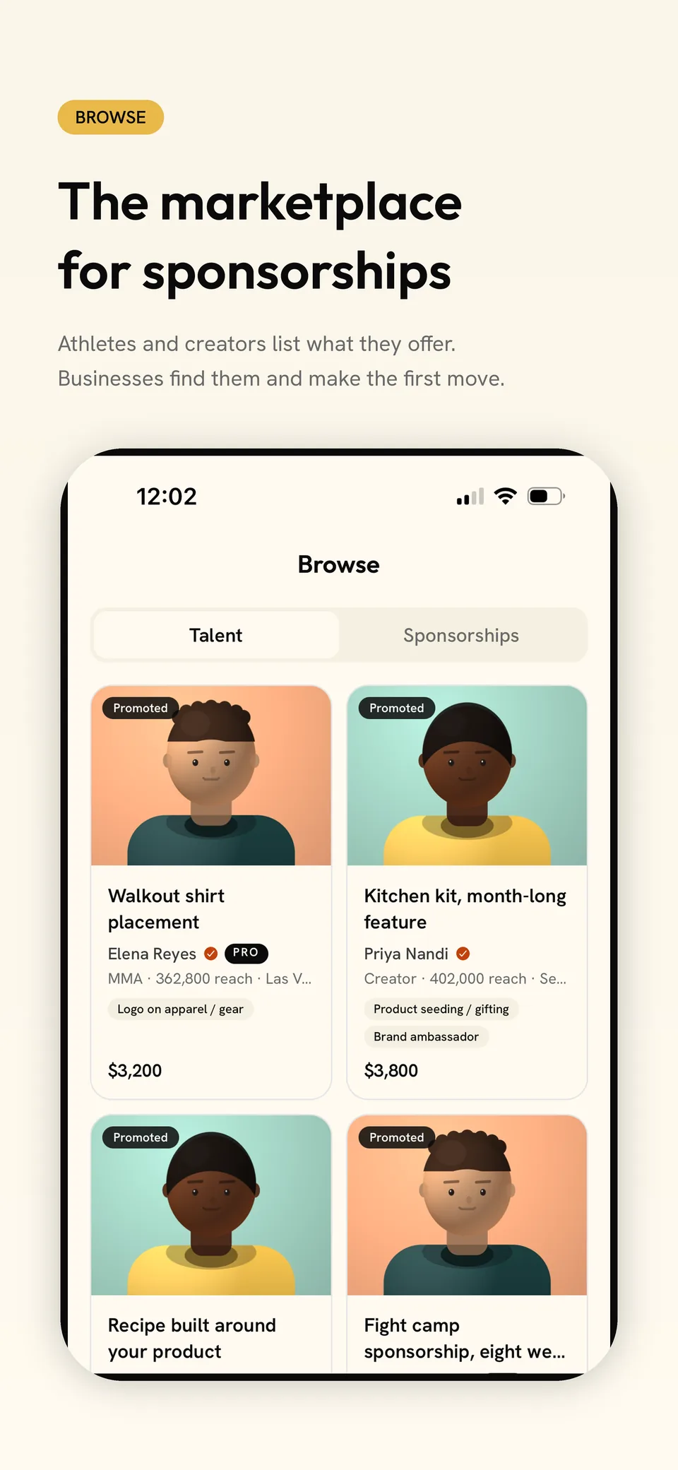 App Store screenshot: The marketplace for sponsorships. Athletes and creators list what they offer, businesses find them and make the first move. Shows the Browse screen with talent listings and prices.