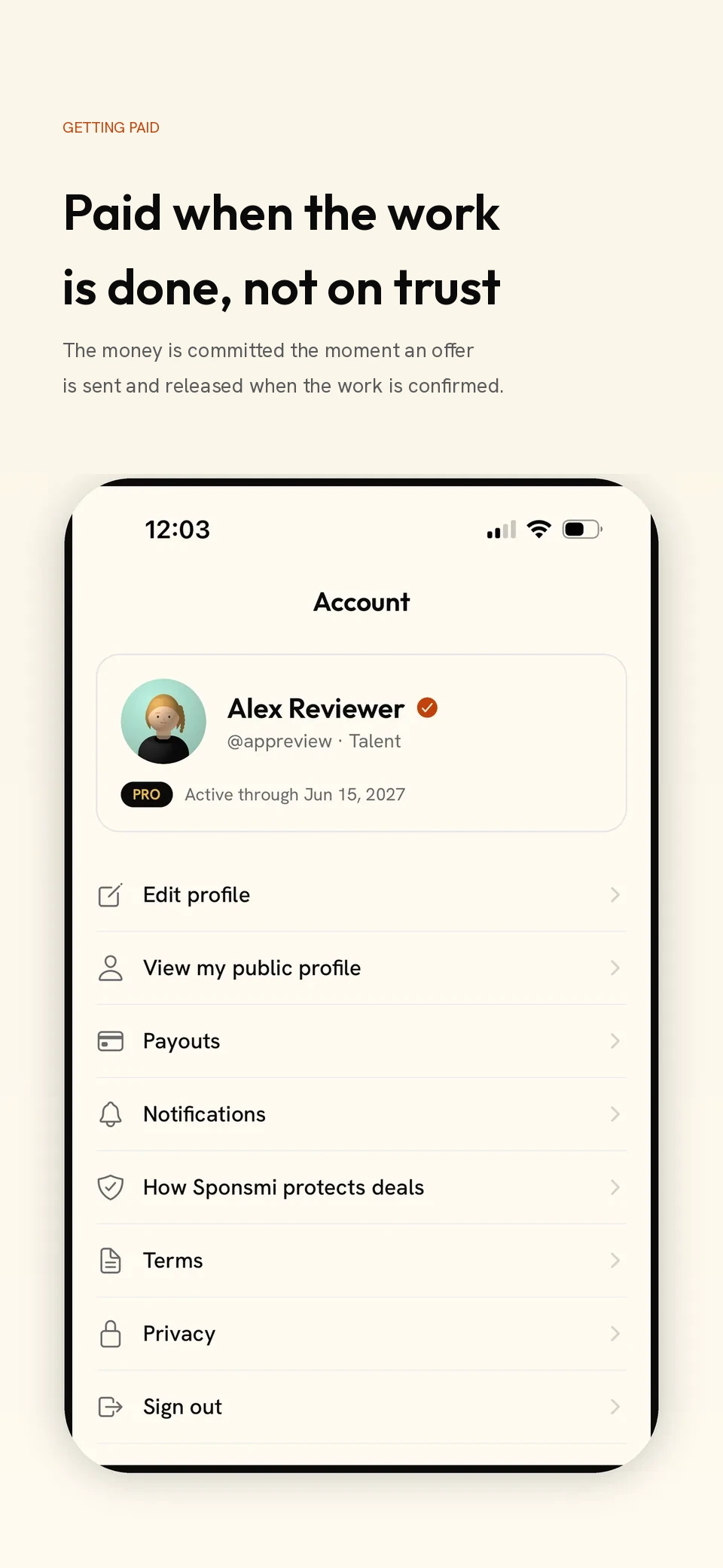 App Store screenshot: Paid when the work is done, not on trust. The money is committed the moment an offer is sent and released when the work is confirmed.
