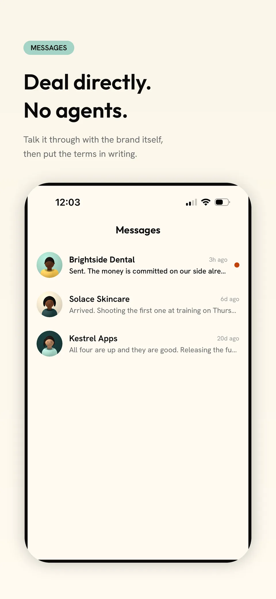 App Store screenshot: Deal directly, no agents. Talk it through with the brand itself, then put the terms in writing. Shows a conversation in the Sponsmi app.